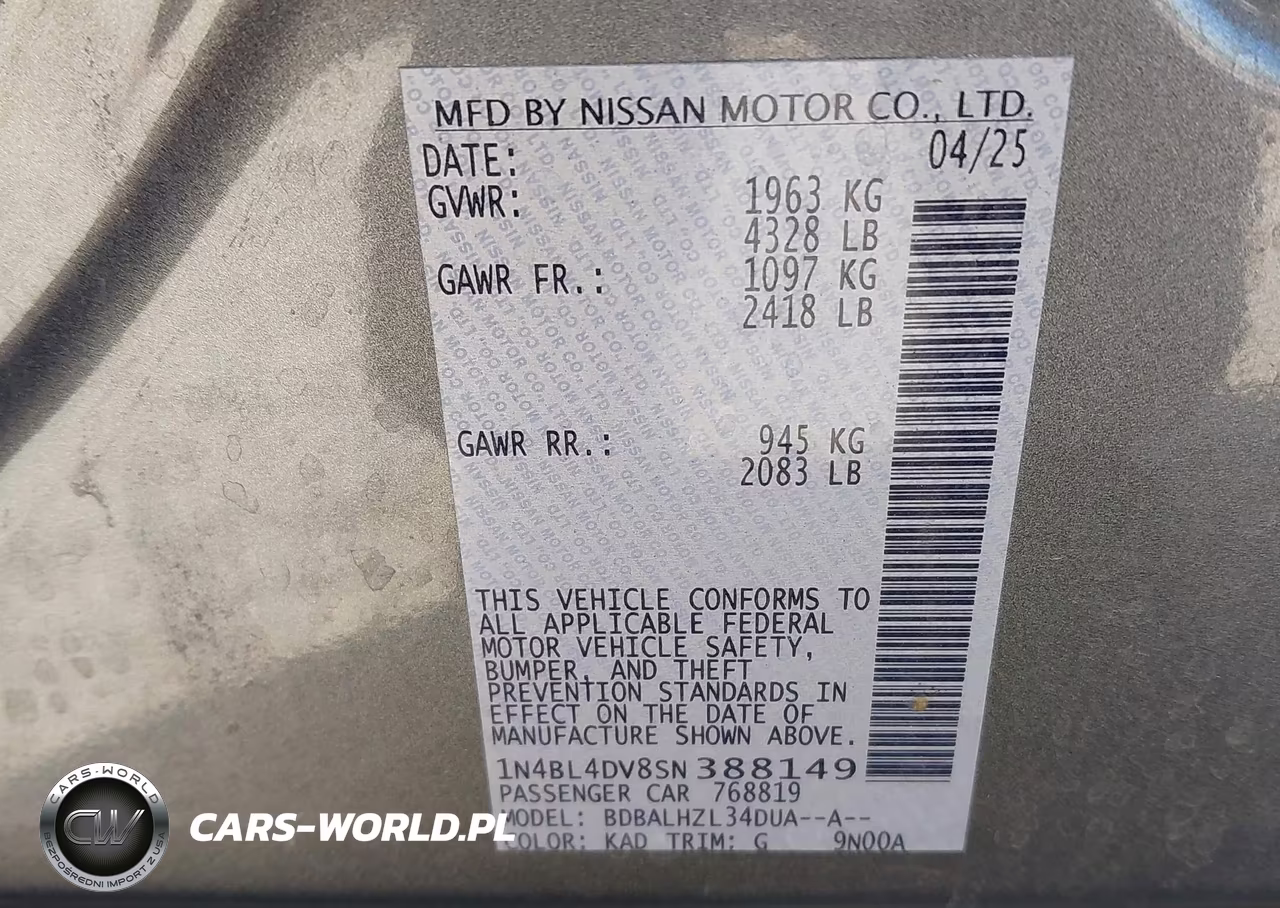2025 Nissan Altima Sv Fwd VIN:1N4BL4DV8SN388149 - 9