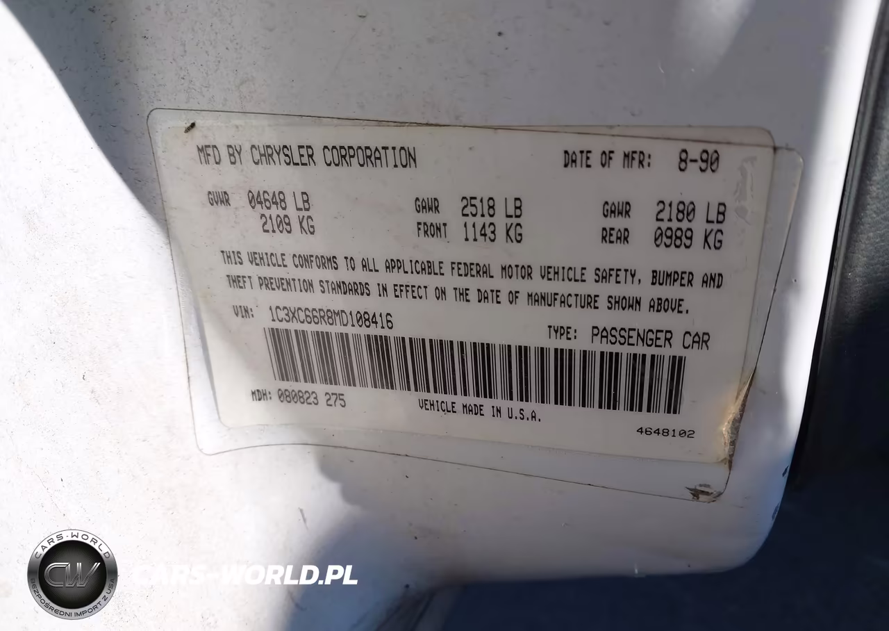 1991 Chrysler New Yorker C-Body Salon VIN:1C3XC66R8MD108416 - 9