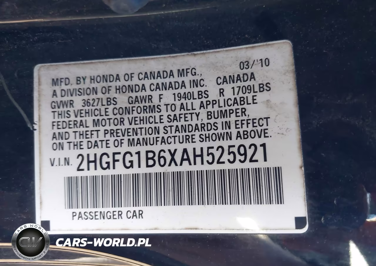 2010 Honda Civic Lx VIN:2HGFG1B6XAH525921 - 9