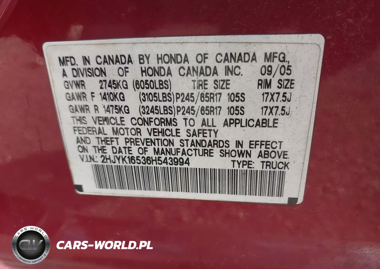 2006 Honda Ridgeline Rtl VIN:2HJYK16536H543994 - 9