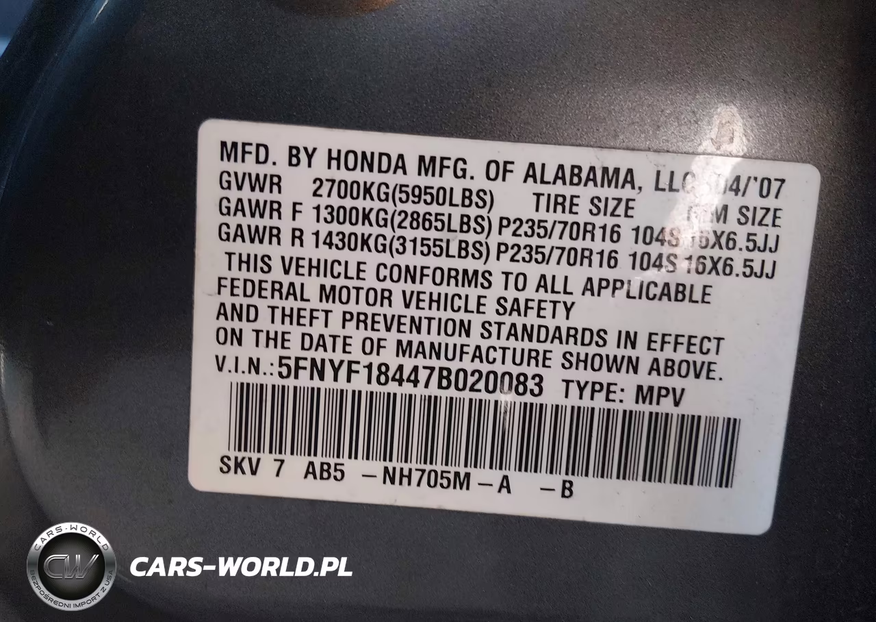 2007 Honda Pilot Ex VIN:5FNYF18447B020083 - 9
