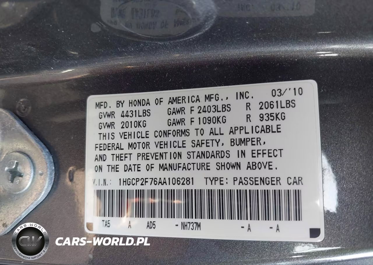 2010 Honda Accord 2.4 Ex VIN:1HGCP2F76AA106281 - 9