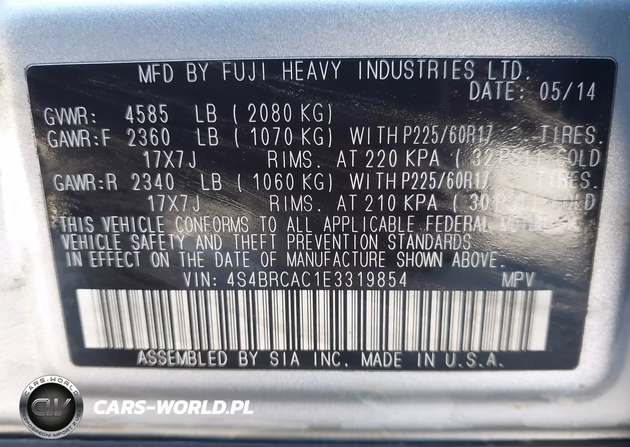 2014 Subaru Outback 2.5I VIN:4S4BRCAC1E3319854 - 9