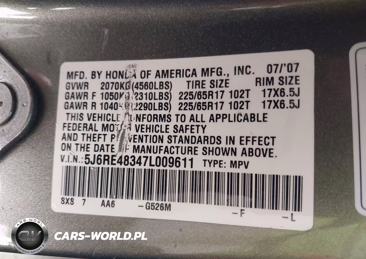 2007 Honda Cr-V Lx VIN:5J6RE48347L009611 - 9