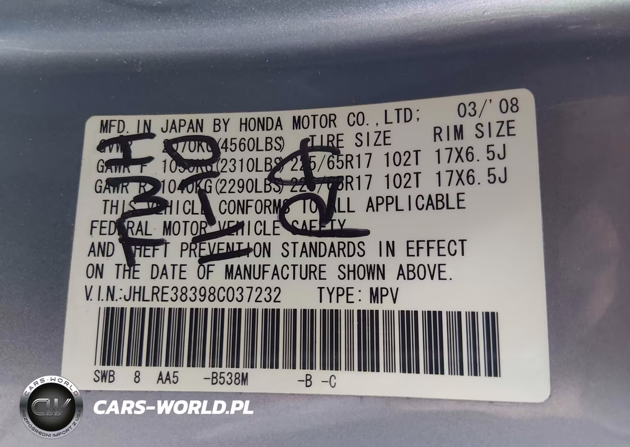 2008 Honda Cr-V Lx VIN:JHLRE38398C037232 - 9