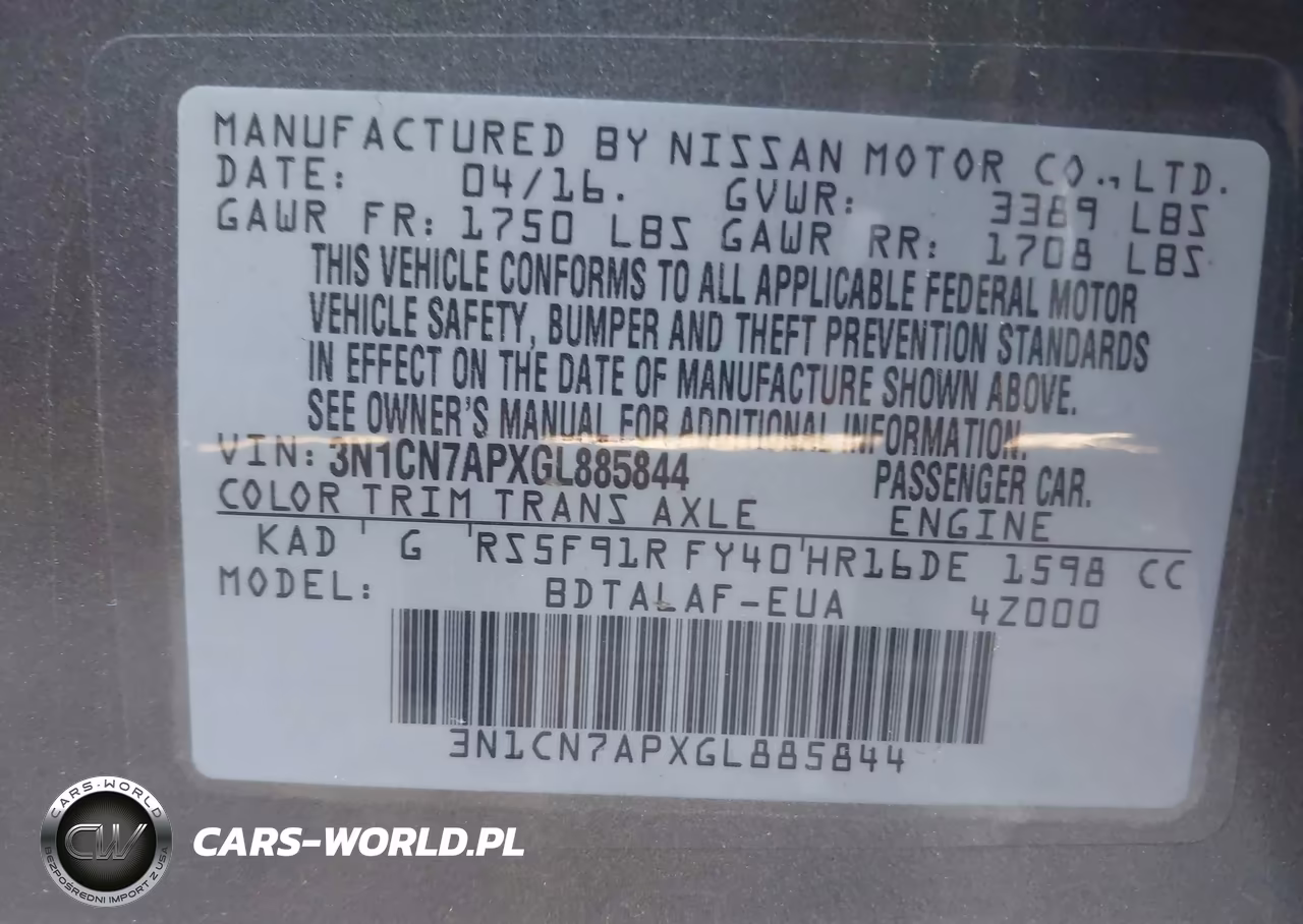 2016 Nissan Versa 1.6 S VIN:3N1CN7APXGL885844 - 9
