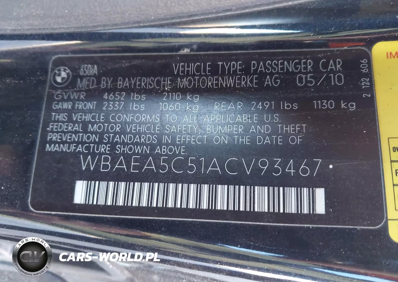 2010 BMW 650I VIN:WBAEA5C51ACV93467 - 9