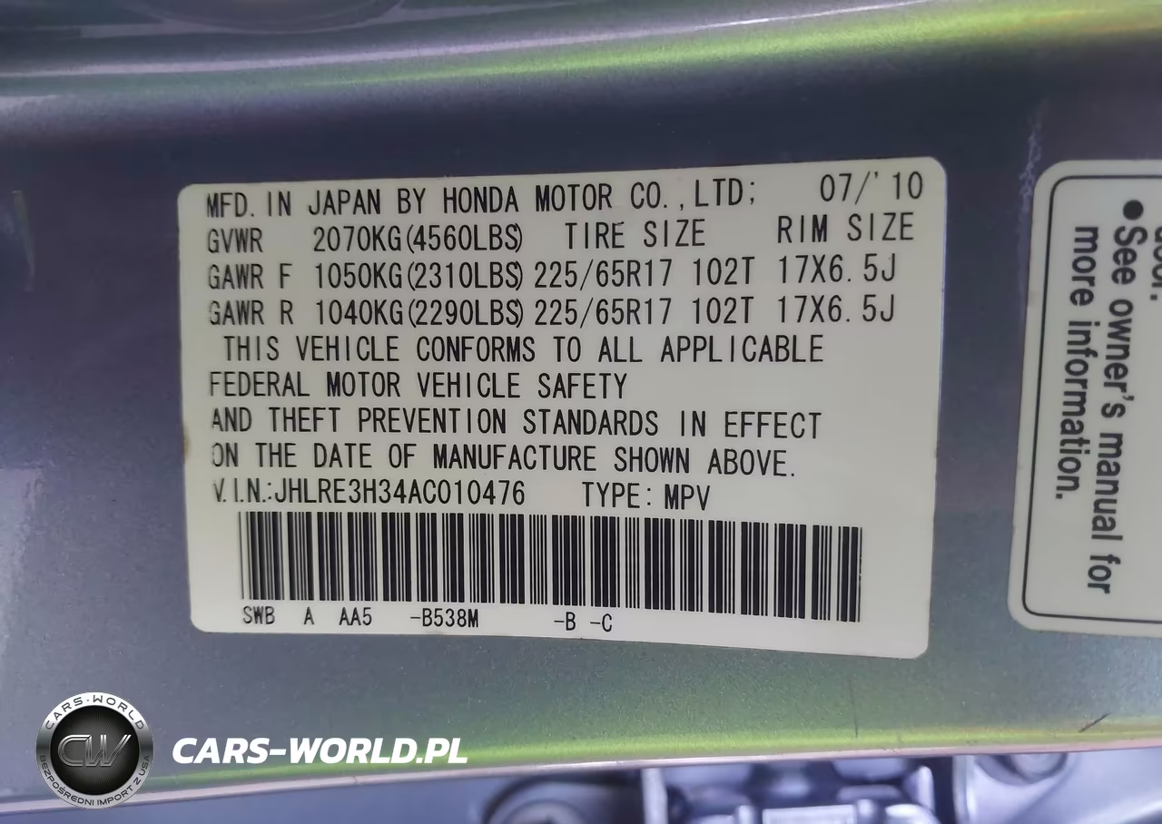 2010 Honda Cr-V Lx VIN:JHLRE3H34AC010476 - 9