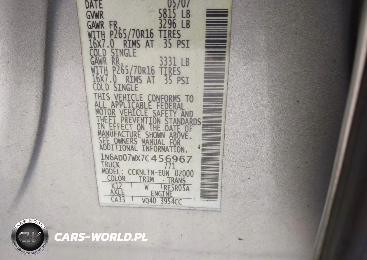 2007 Nissan Frontier Se VIN:1N6AD07WX7C456967 - 9
