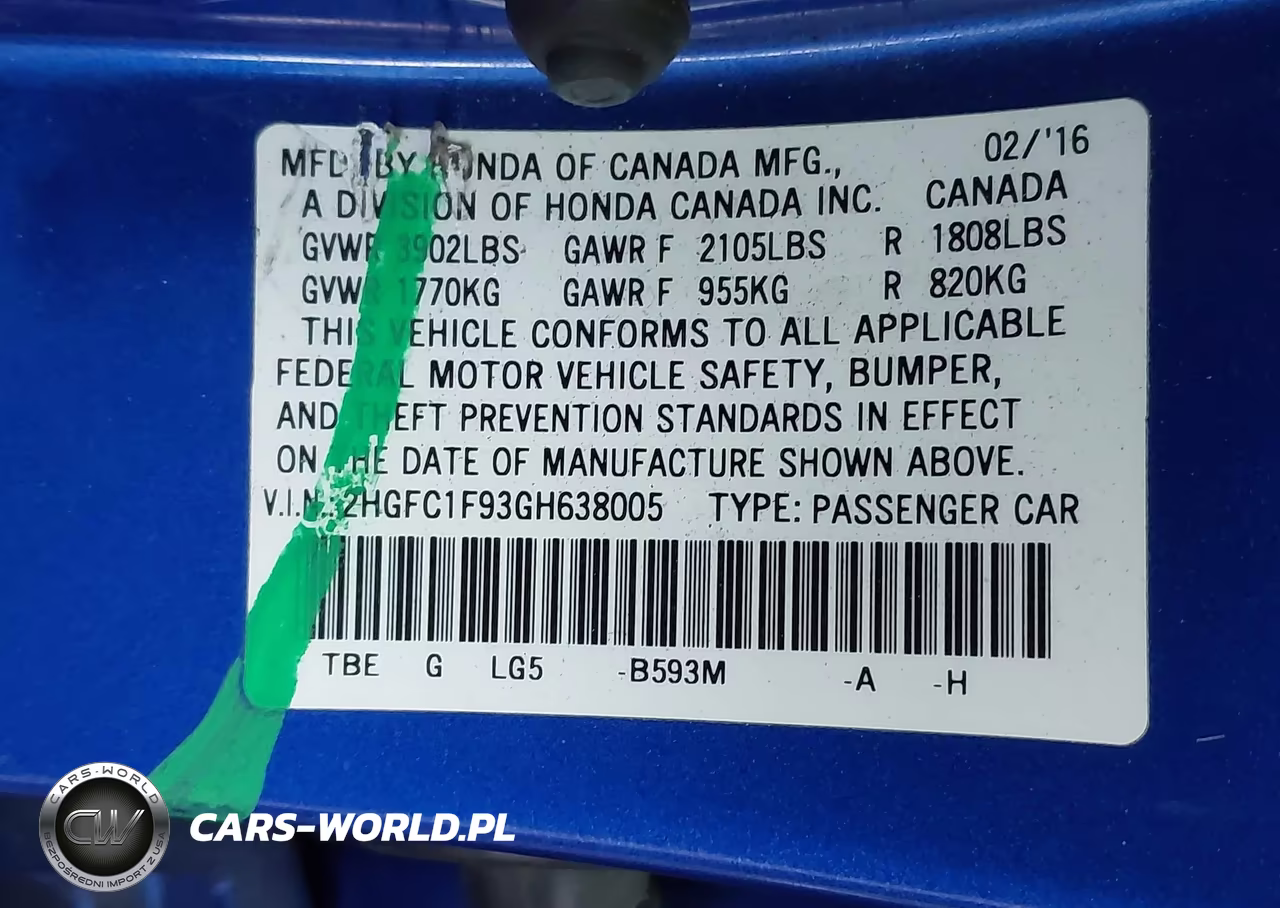 2016 Honda Civic Touring VIN:2HGFC1F93GH638005 - 9