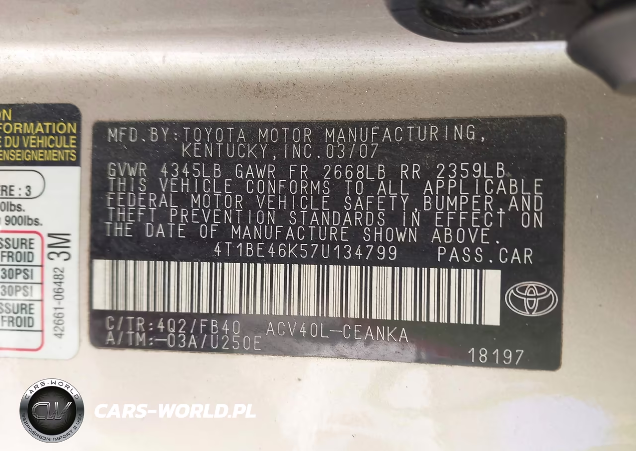 2007 Toyota Camry Le VIN:4T1BE46K57U134799 - 9
