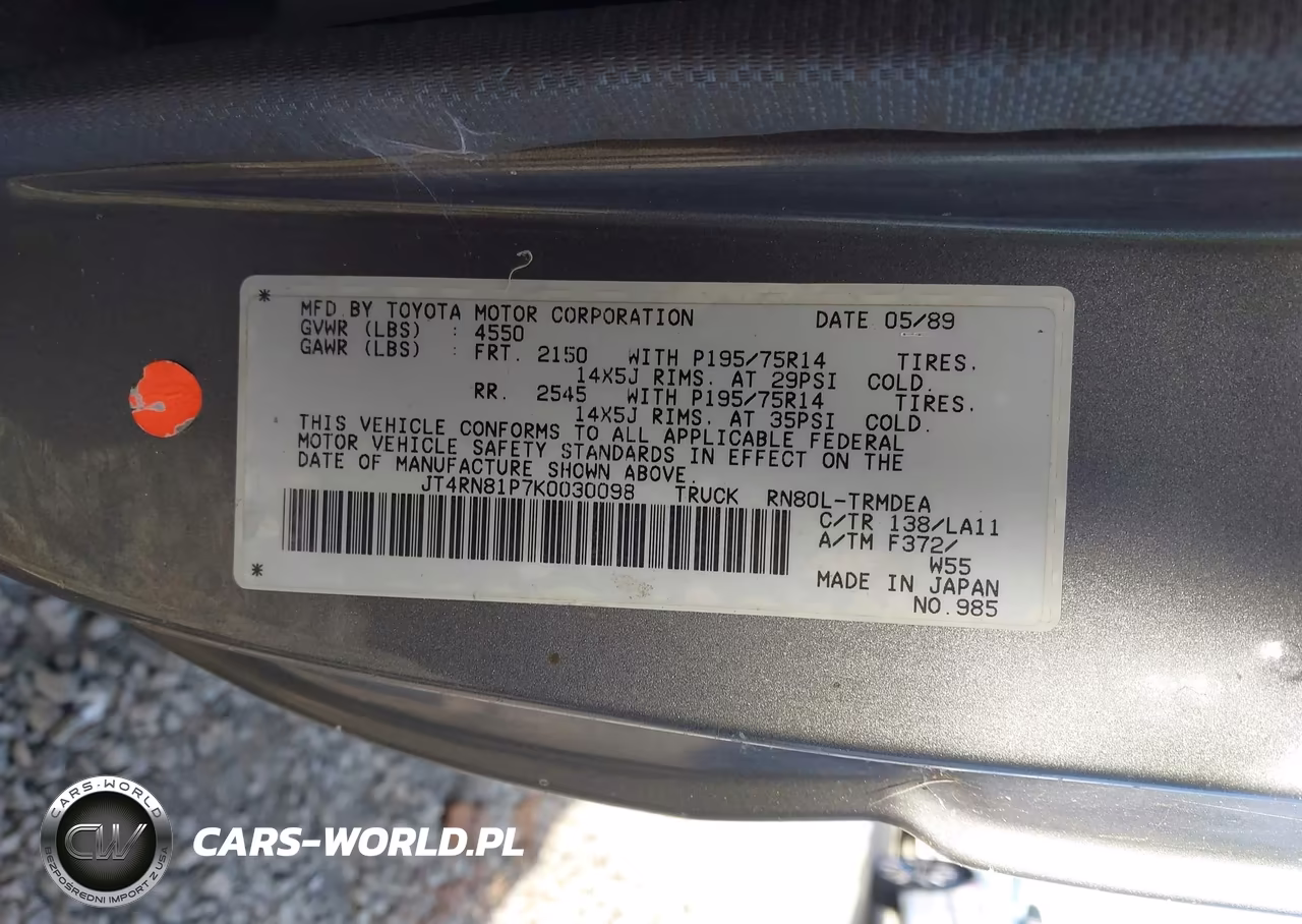 1989 Toyota Pickup 1-2 Ton Sht Wheelbase Dlx VIN:JT4RN81P7K0030098 - 9