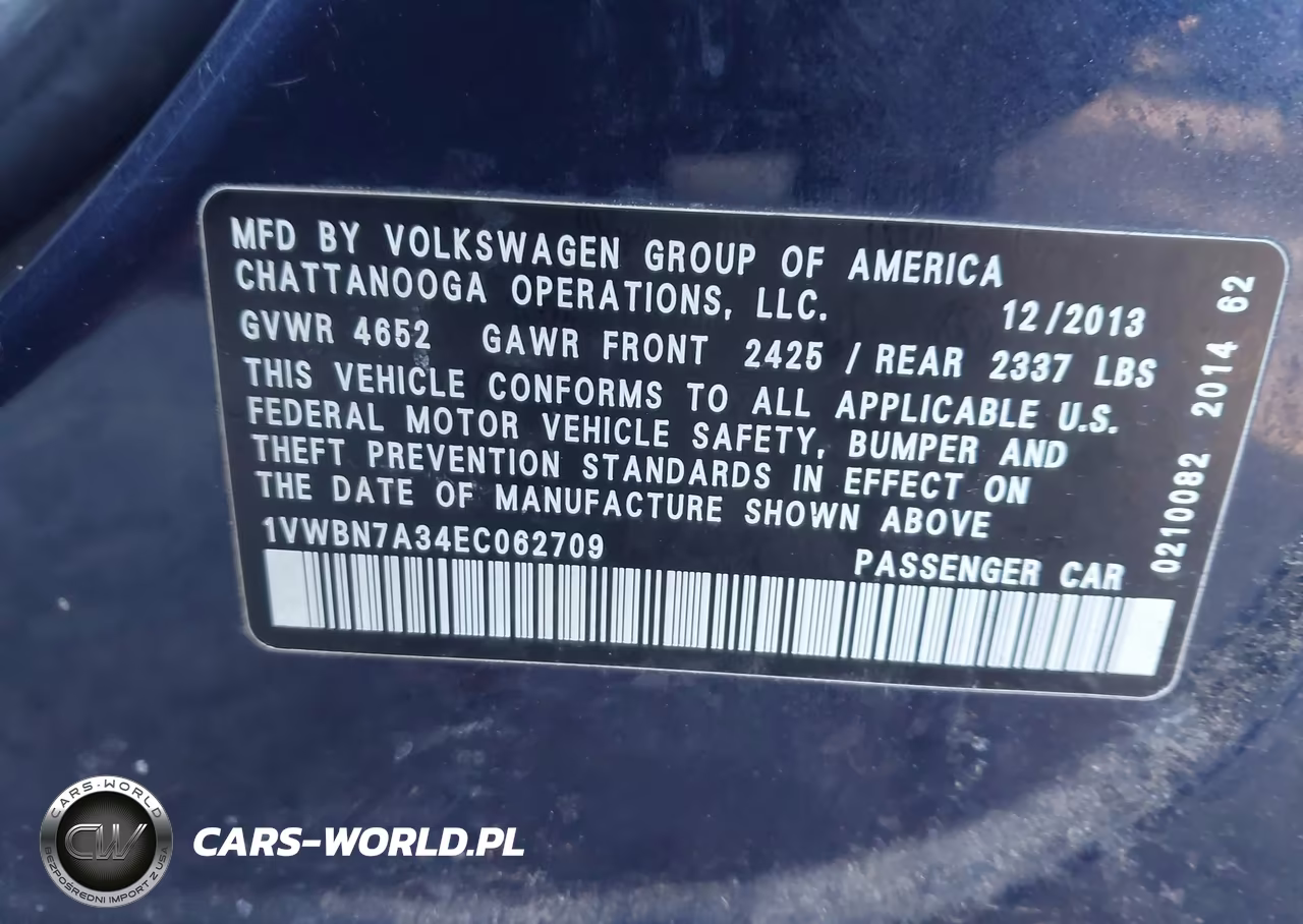2014 Volkswagen Passat 2.0L Tdi Se VIN:1VWBN7A34EC062709 - 9