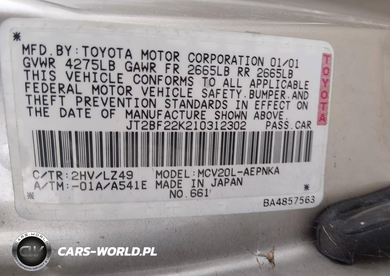 2001 Toyota Camry Le V6 VIN:JT2BF22K210312302 - 9