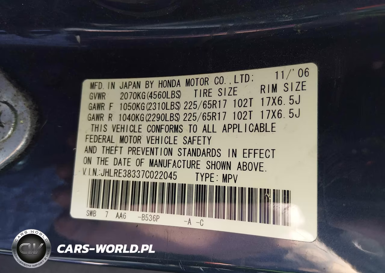 2007 Honda Cr-V Lx VIN:JHLRE38337C022045 - 9