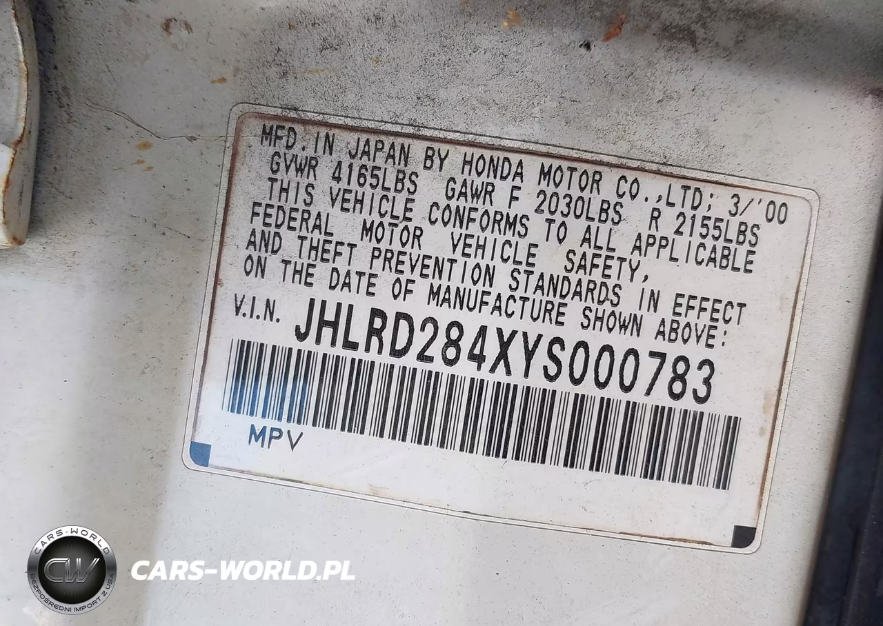 2000 Honda Cr-V Lx VIN:JHLRD284XYS000783 - 9