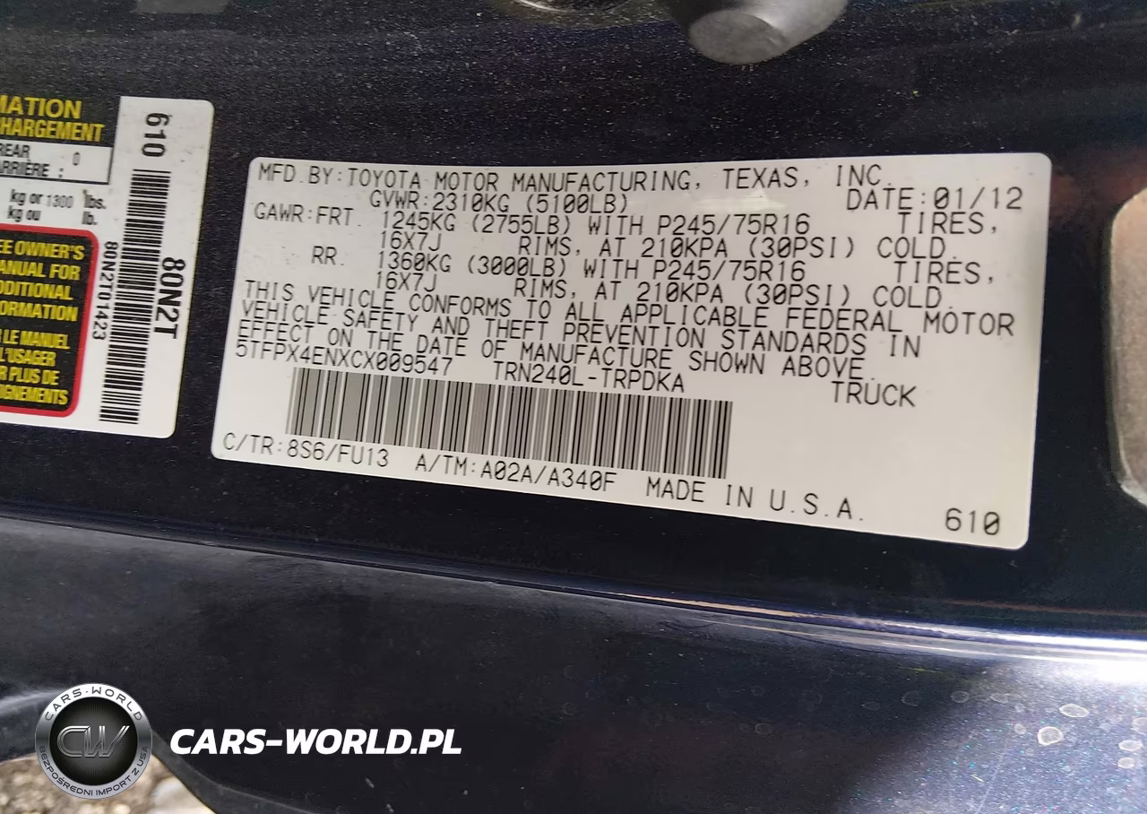 2012 Toyota Tacoma VIN:5TFPX4ENXCX009547 - 9