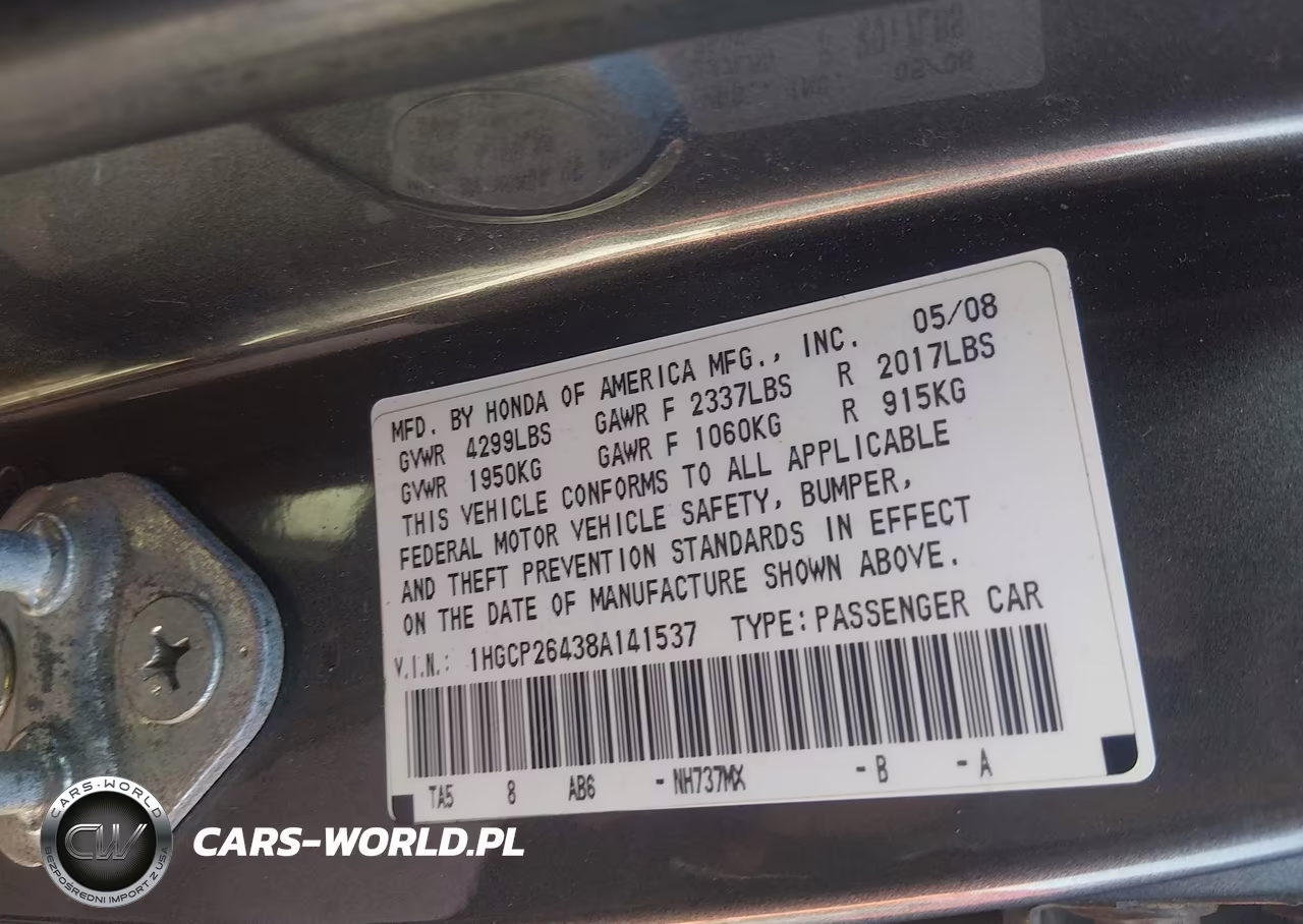 2008 Honda Accord 2.4 Lx-P VIN:1HGCP26438A141537 - 9