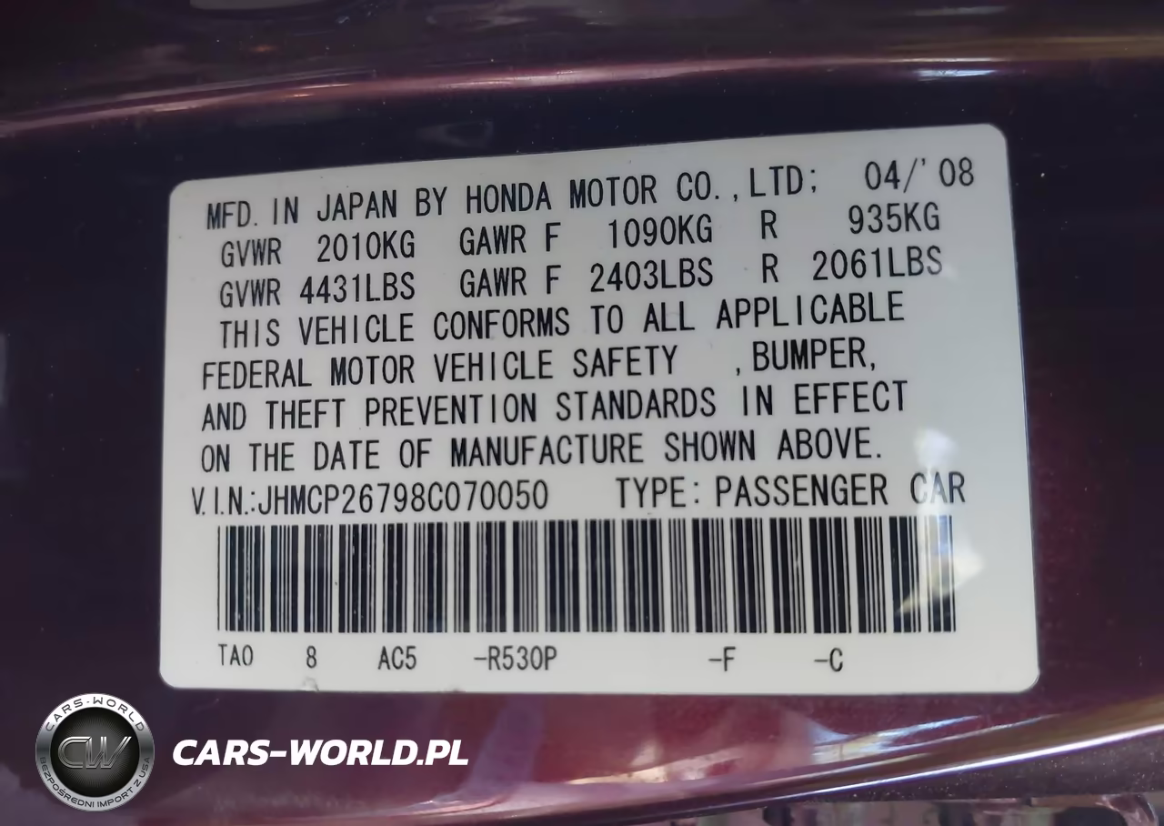 2008 Honda Accord 2.4 Ex VIN:JHMCP26798C070050 - 9
