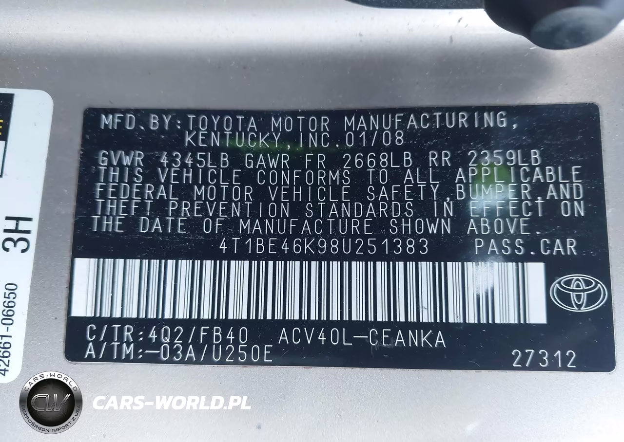 2008 Toyota Camry Le VIN:4T1BE46K98U251383 - 9