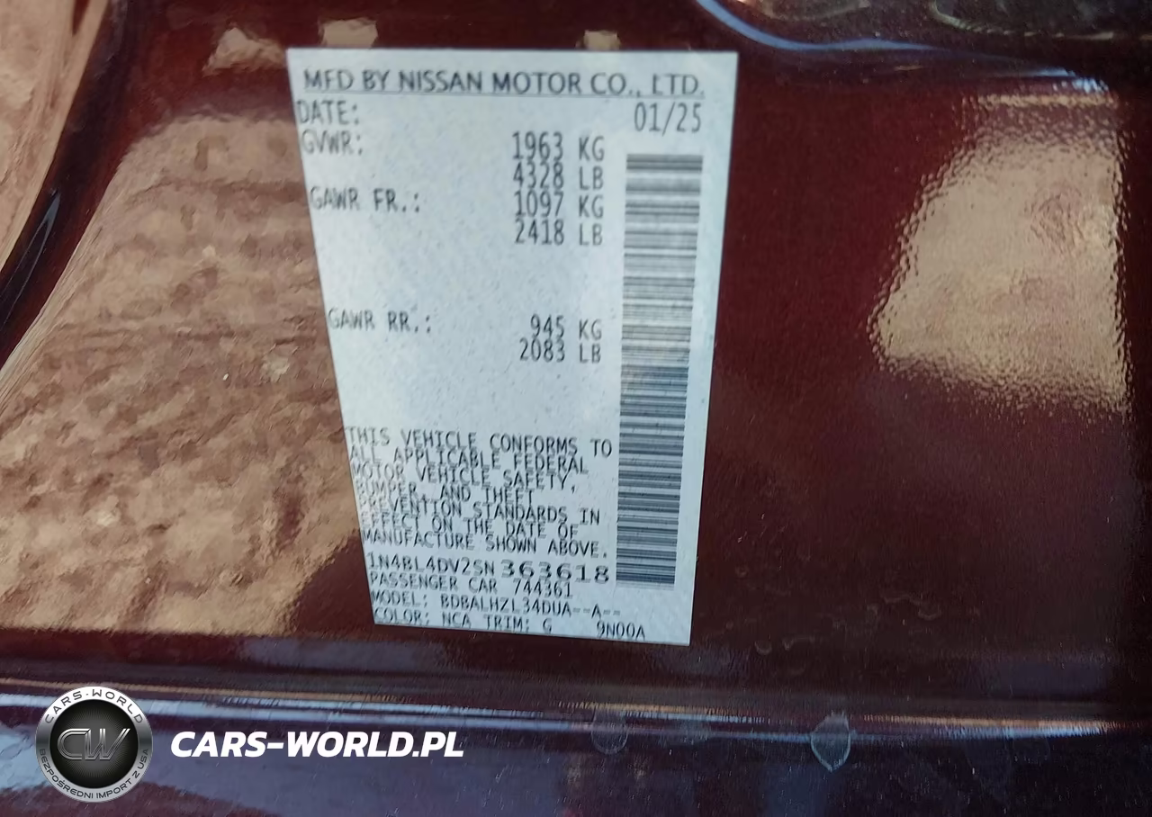2025 Nissan Altima Sv Fwd VIN:1N4BL4DV2SN363618 - 9