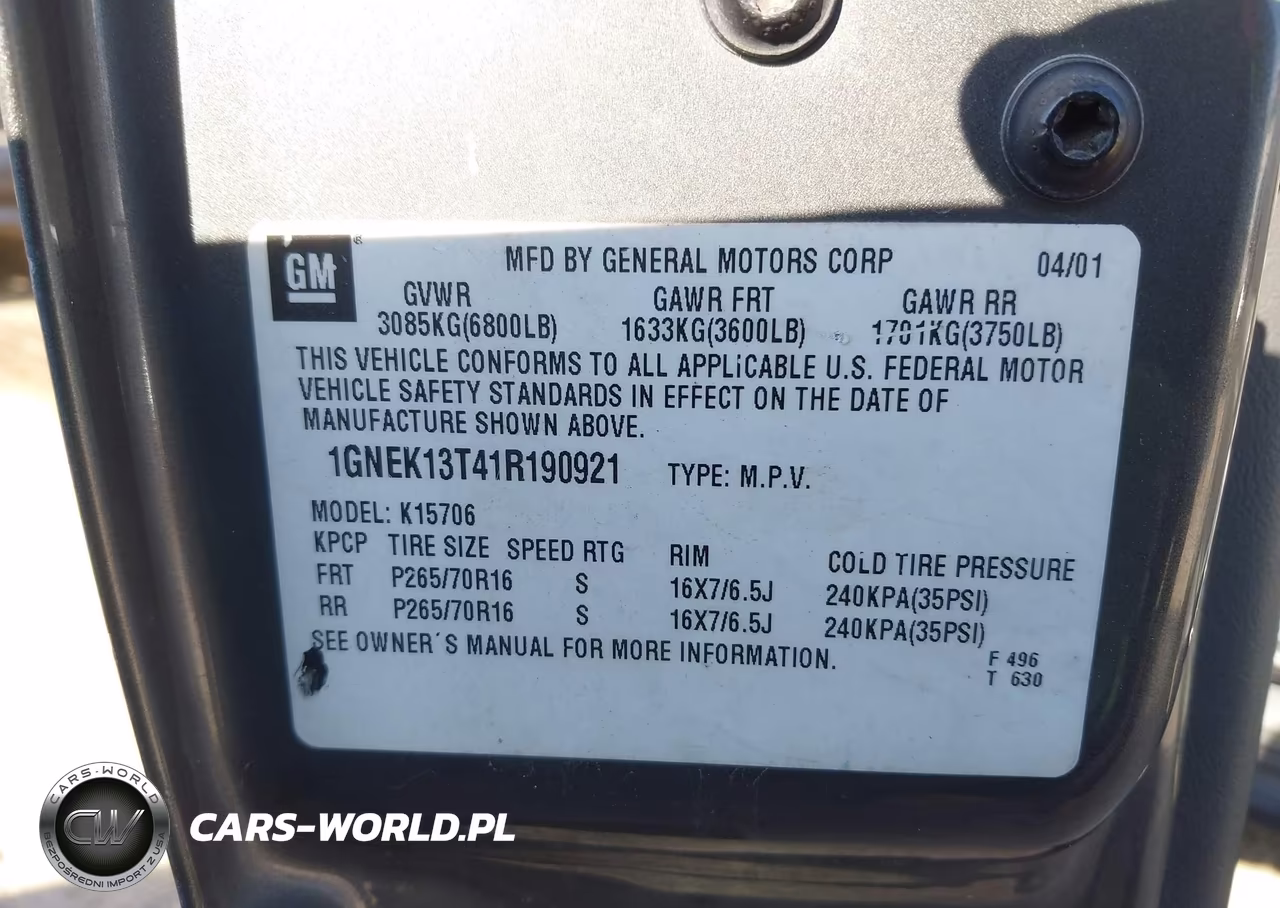 2001 Chevrolet Tahoe Lt VIN:1GNEK13T41R190921 - 9