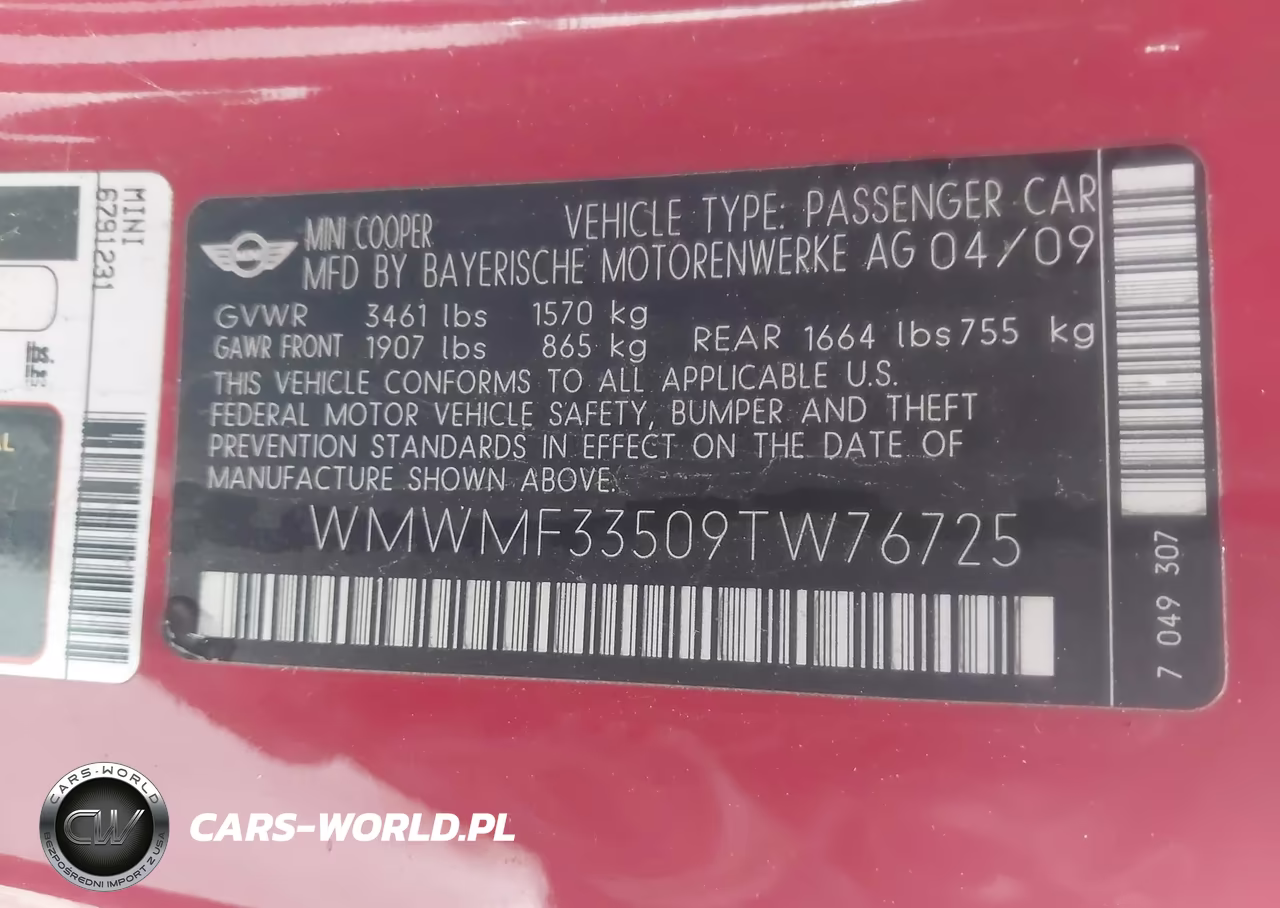 2009 Mini Cooper VIN:WMWMF33509TW76725 - 9