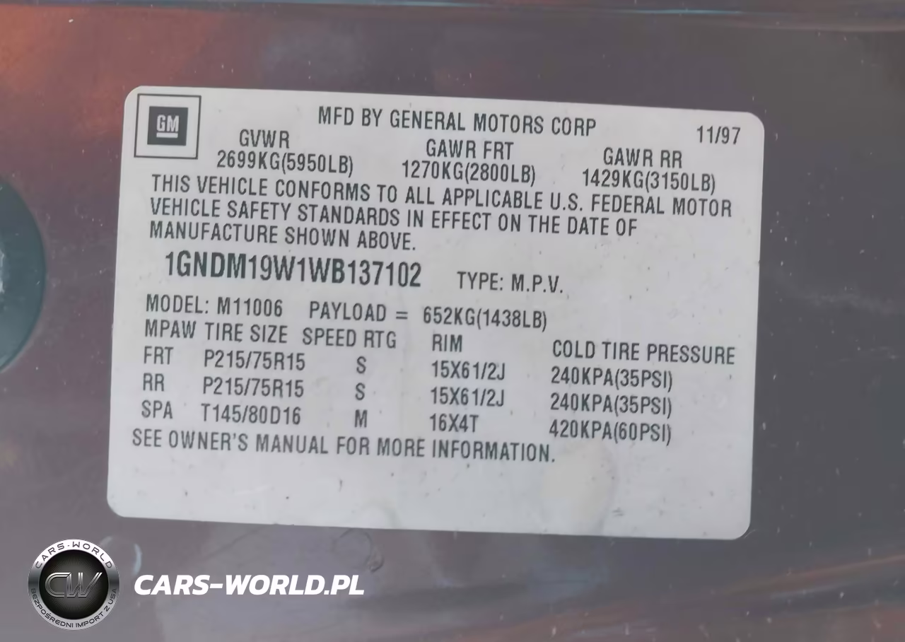 1998 Chevrolet Astro VIN:1GNDM19W1WB137102 - 9