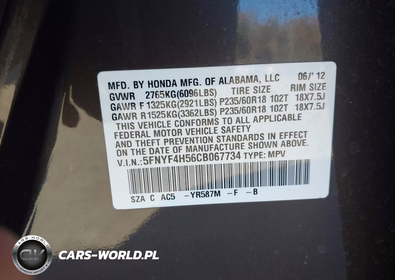 2012 Honda Pilot Ex-L VIN:5FNYF4H56CB067734 - 9