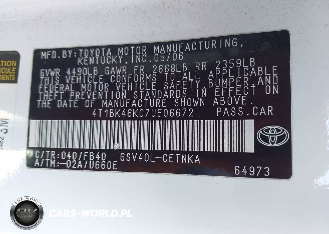 2007 Toyota Camry Le V6 VIN:4T1BK46K07U506672 - 9