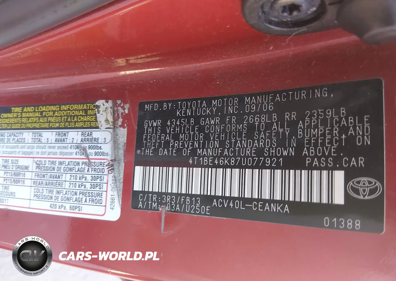2007 Toyota Camry Le VIN:4T1BE46K87U077921 - 9