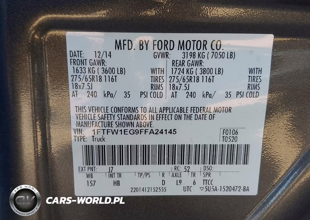 2015 Ford F-150 Lariat VIN:1FTFW1EG9FFA24145 - 9
