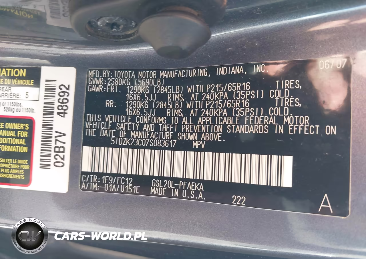2007 Toyota Sienna Le VIN:5TDZK23C07S083617 - 9