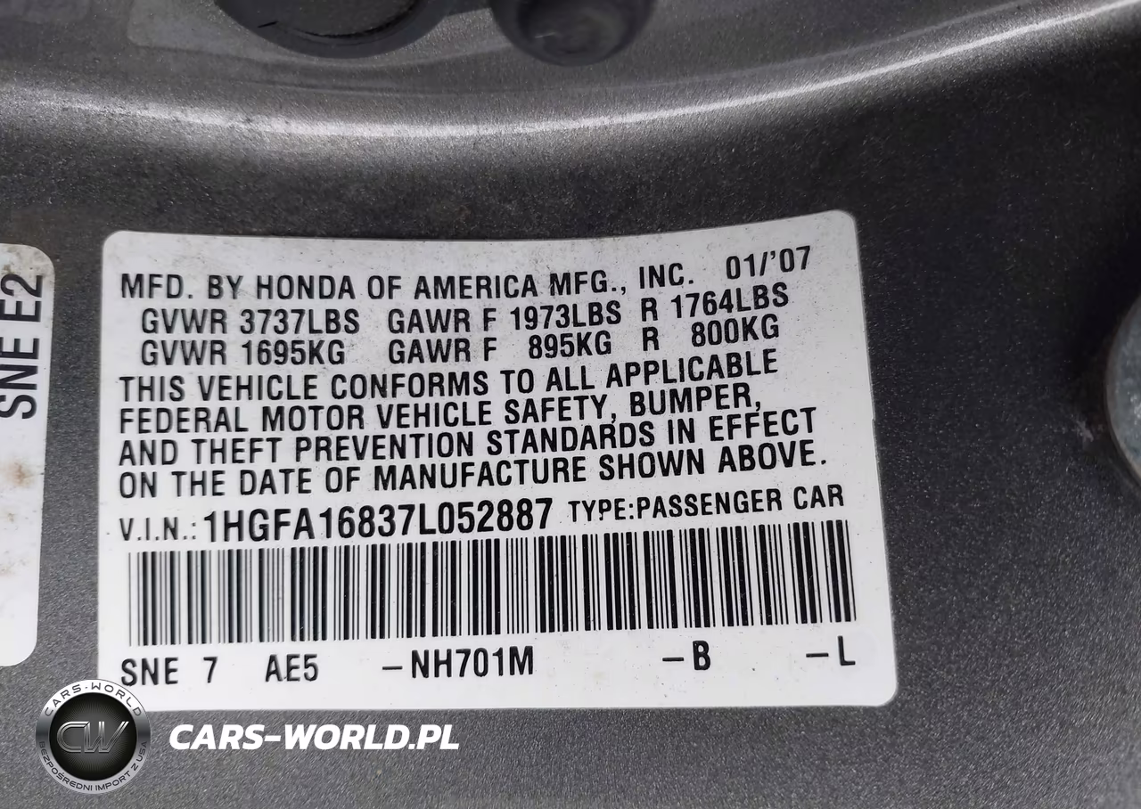 2007 Honda Civic Ex VIN:1HGFA16837L052887 - 9