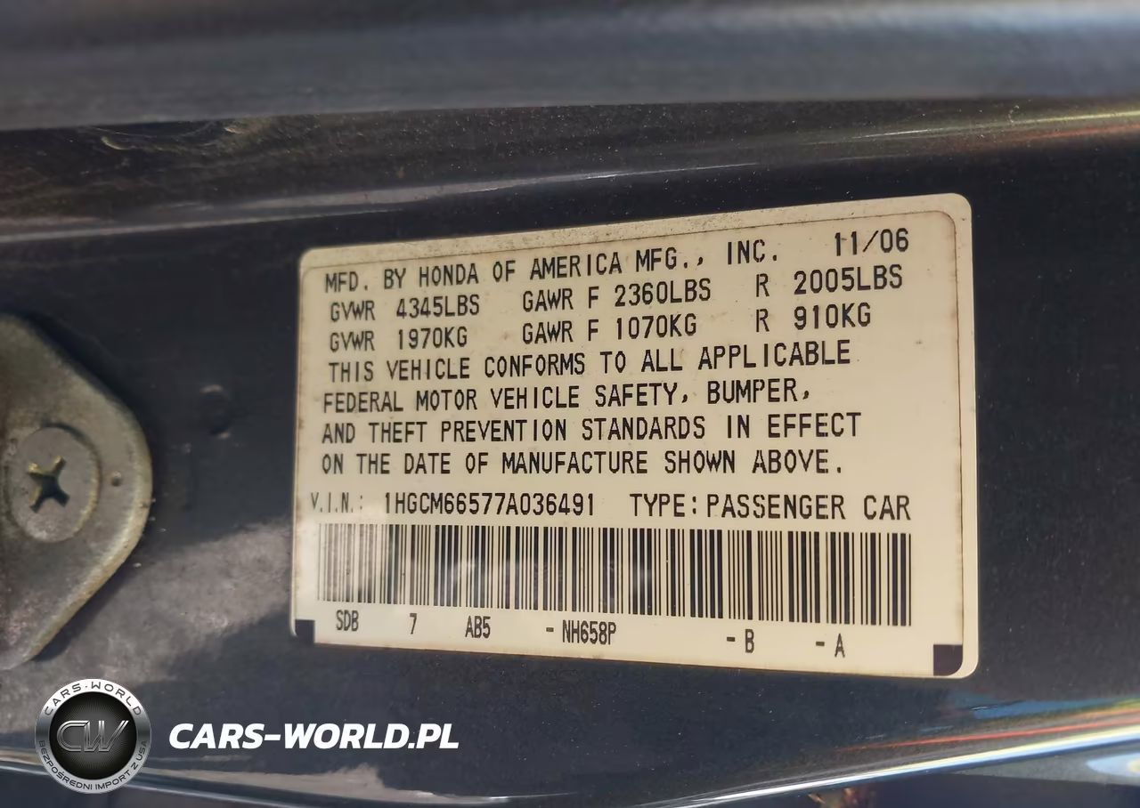 2007 Honda Accord 3.0 Ex VIN:1HGCM66577A036491 - 9