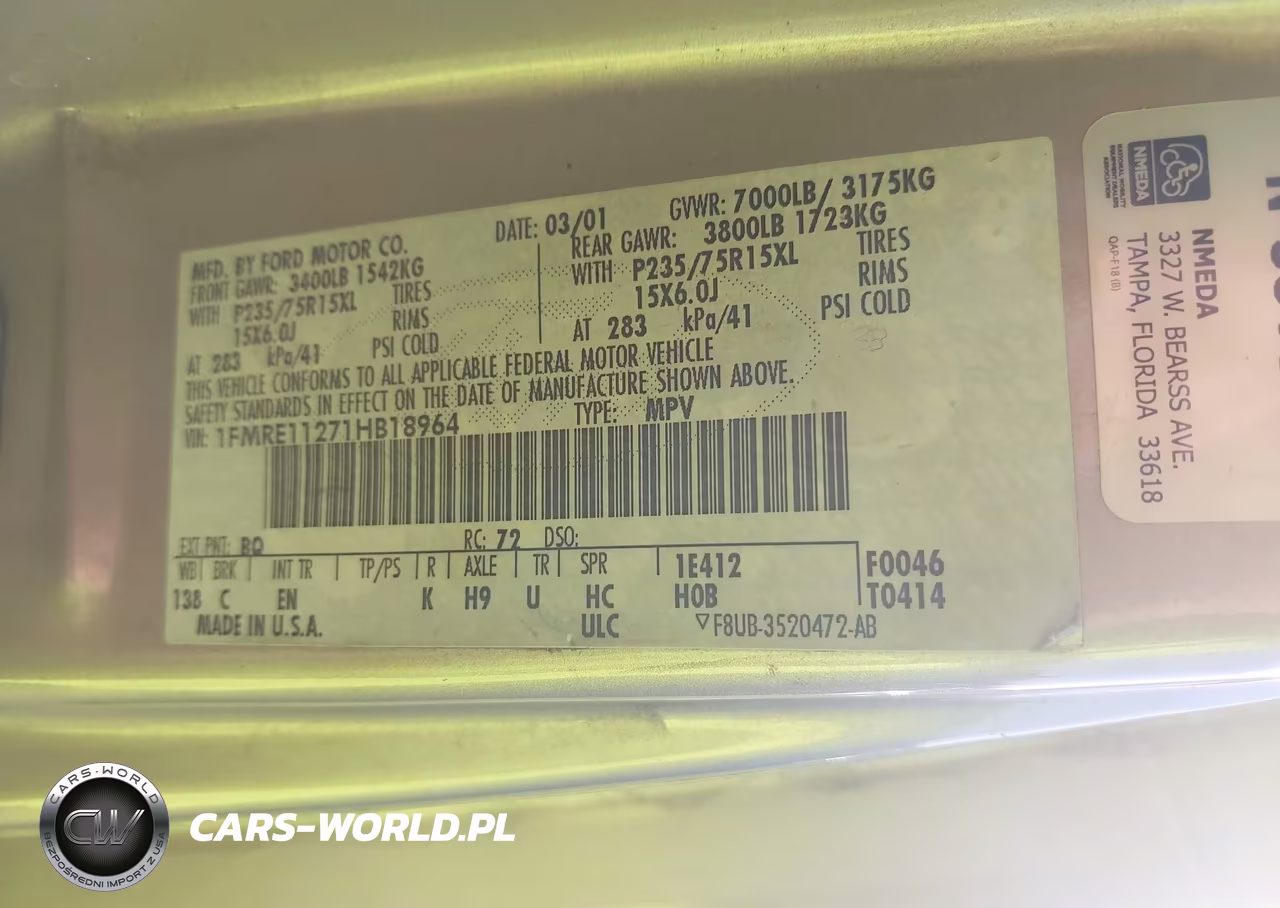 2001 Ford E-150 Xl-Xlt VIN:1FMRE11271HB18964 - 9