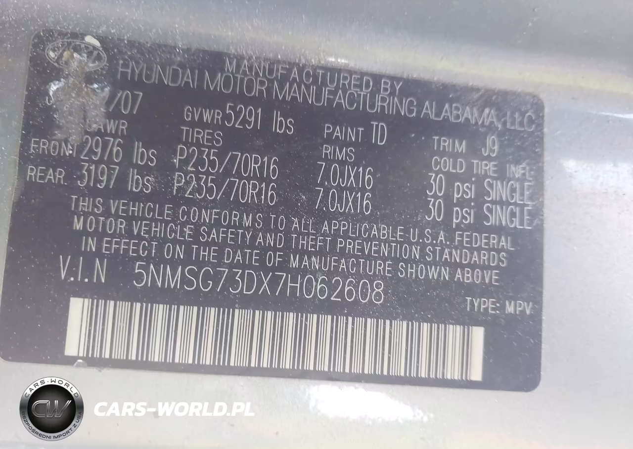 2007 Hyundai Santa Fe Gls VIN:5NMSG73DX7H062608 - 9