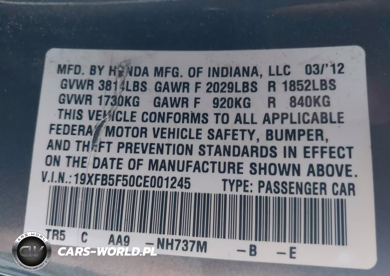 2012 Honda Civic Natural Gas VIN:19XFB5F50CE001245 - 9