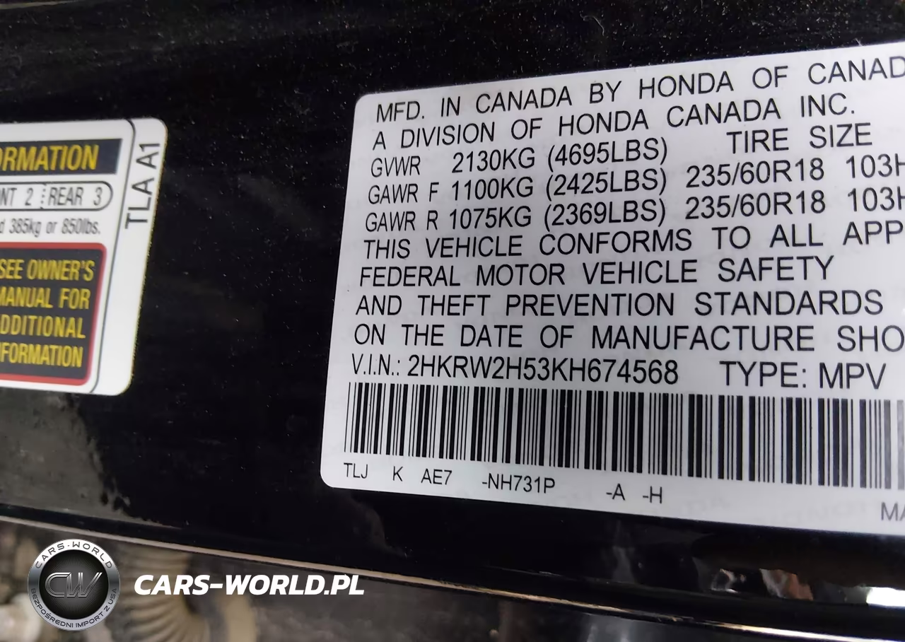 2019 Honda Cr-V Ex VIN:2HKRW2H53KH674568 - 9