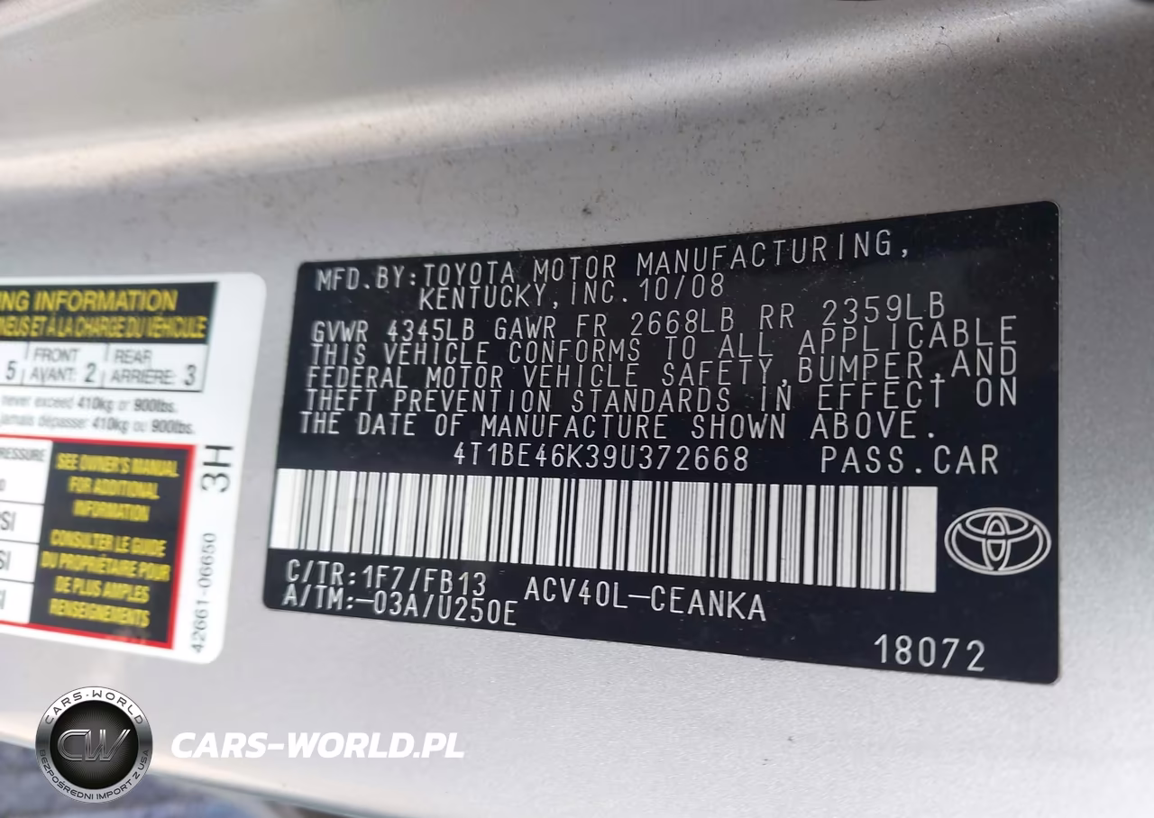 2009 Toyota Camry Le VIN:4T1BE46K39U372668 - 9