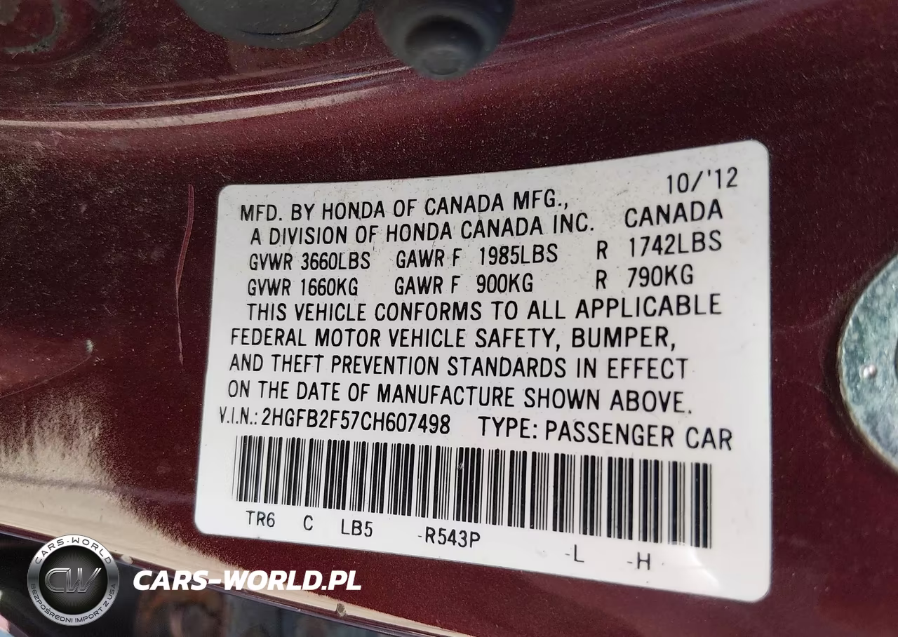 2012 Honda Civic Lx VIN:2HGFB2F57CH607498 - 9