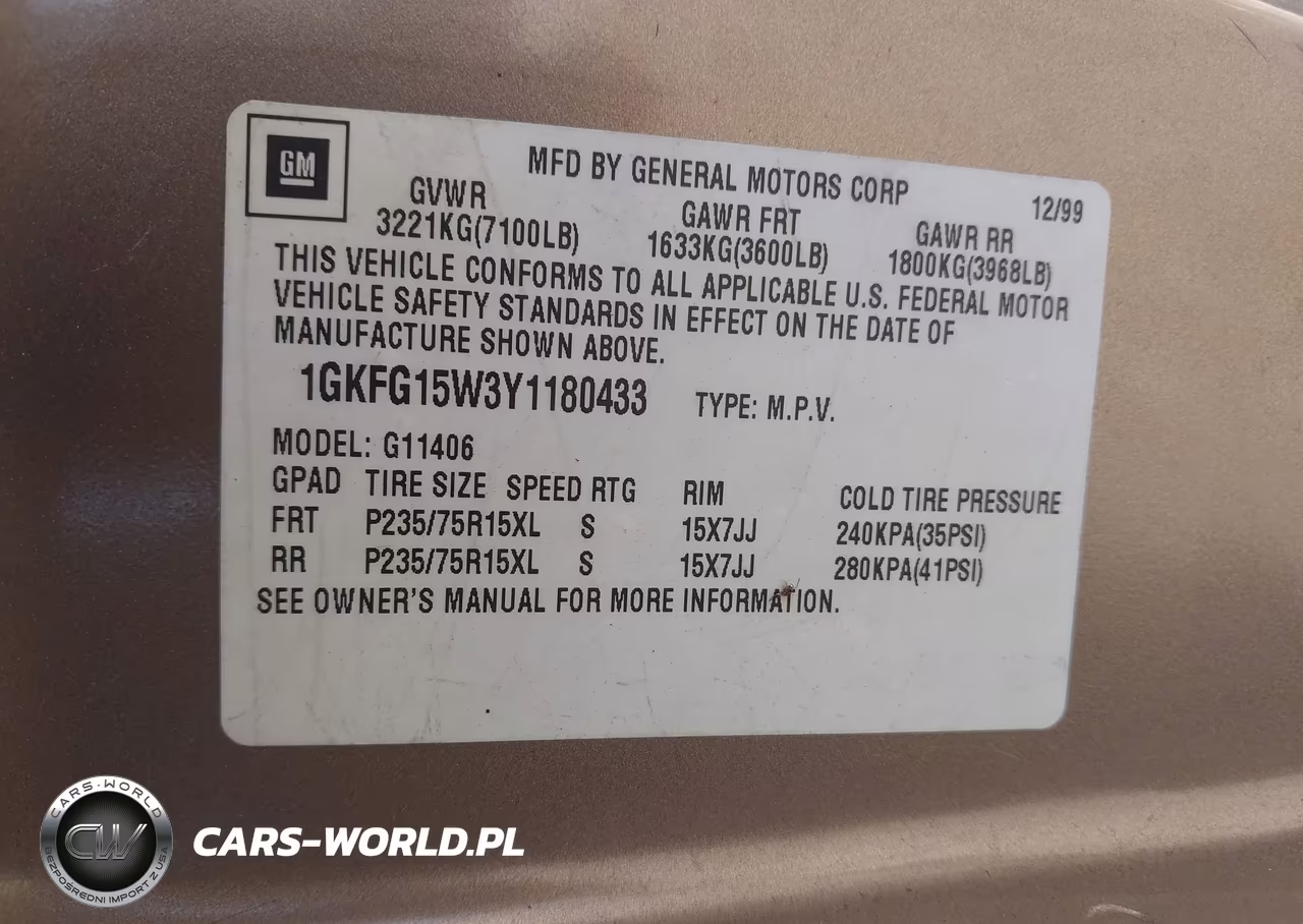 2000 GMC Savana Standard VIN:1GKFG15W3Y1180433 - 9