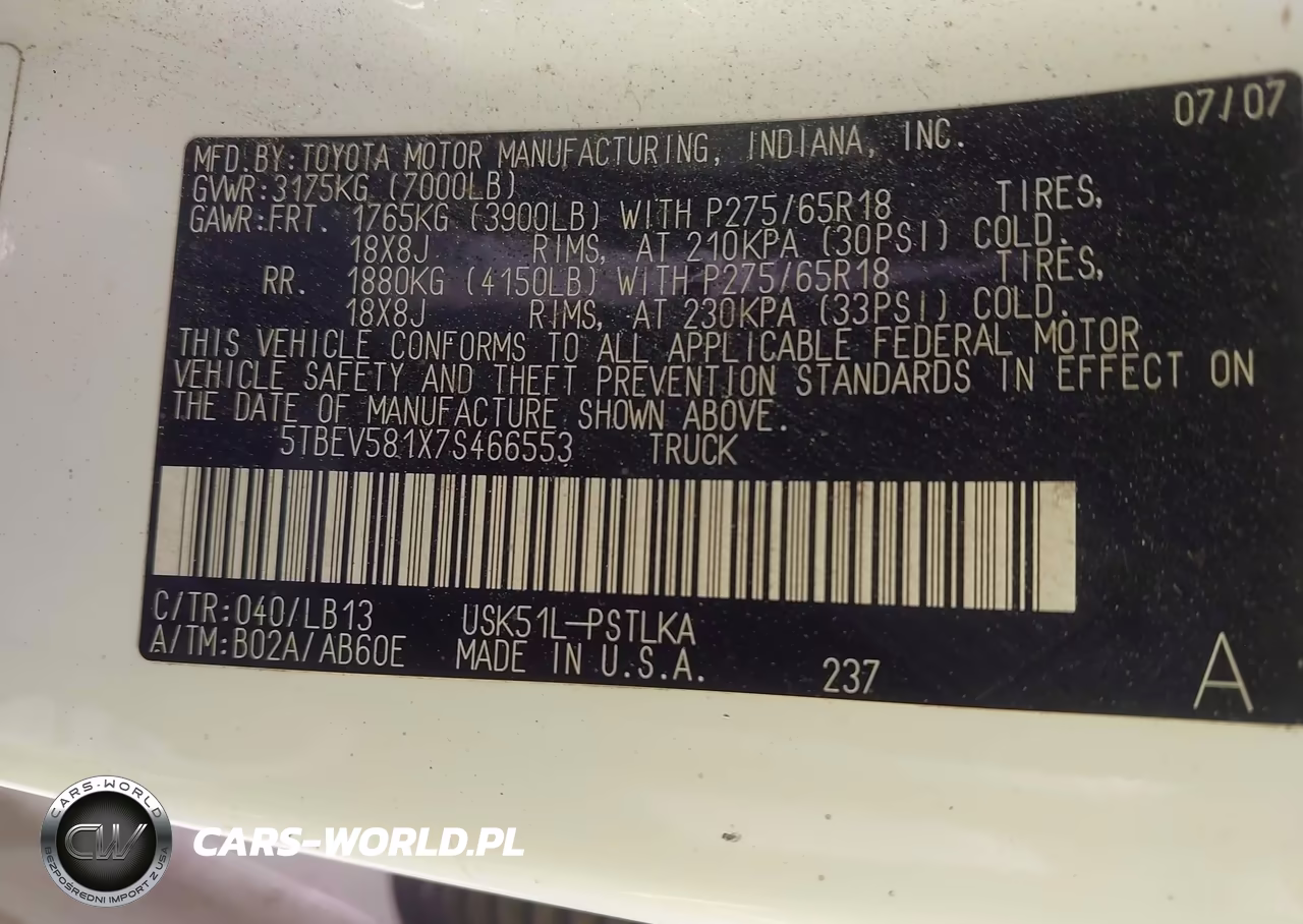 2007 Toyota Tundra Limited 5.7L V8 VIN:5TBEV581X7S466553 - 9