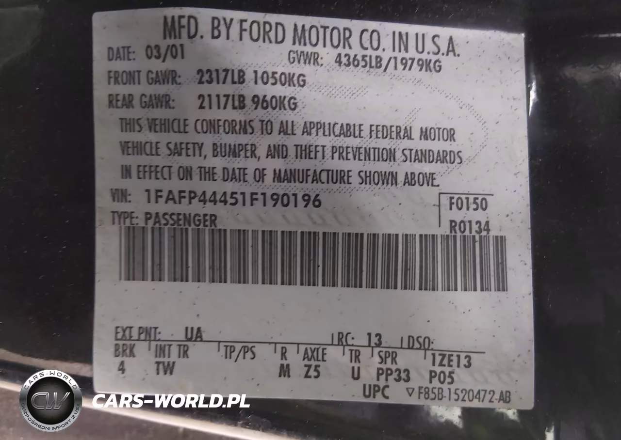 2001 Ford Mustang VIN:1FAFP44451F190196 - 9