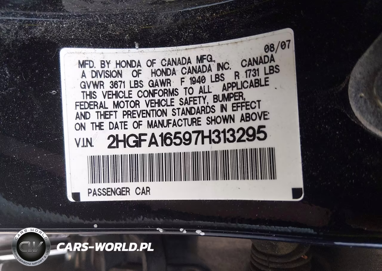 2007 Honda Civic Lx VIN:2HGFA16597H313295 - 9
