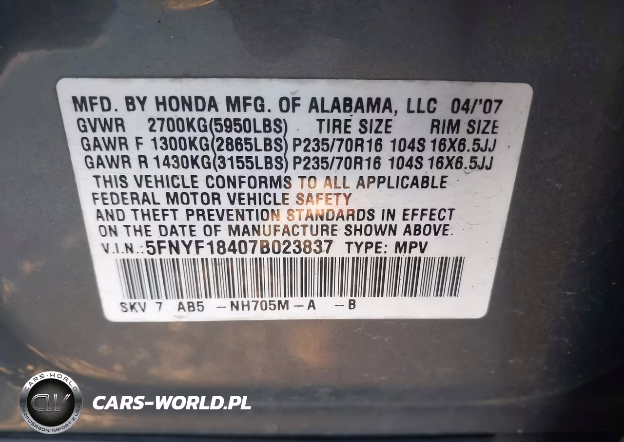 2007 Honda Pilot Ex VIN:5FNYF18407B023837 - 9