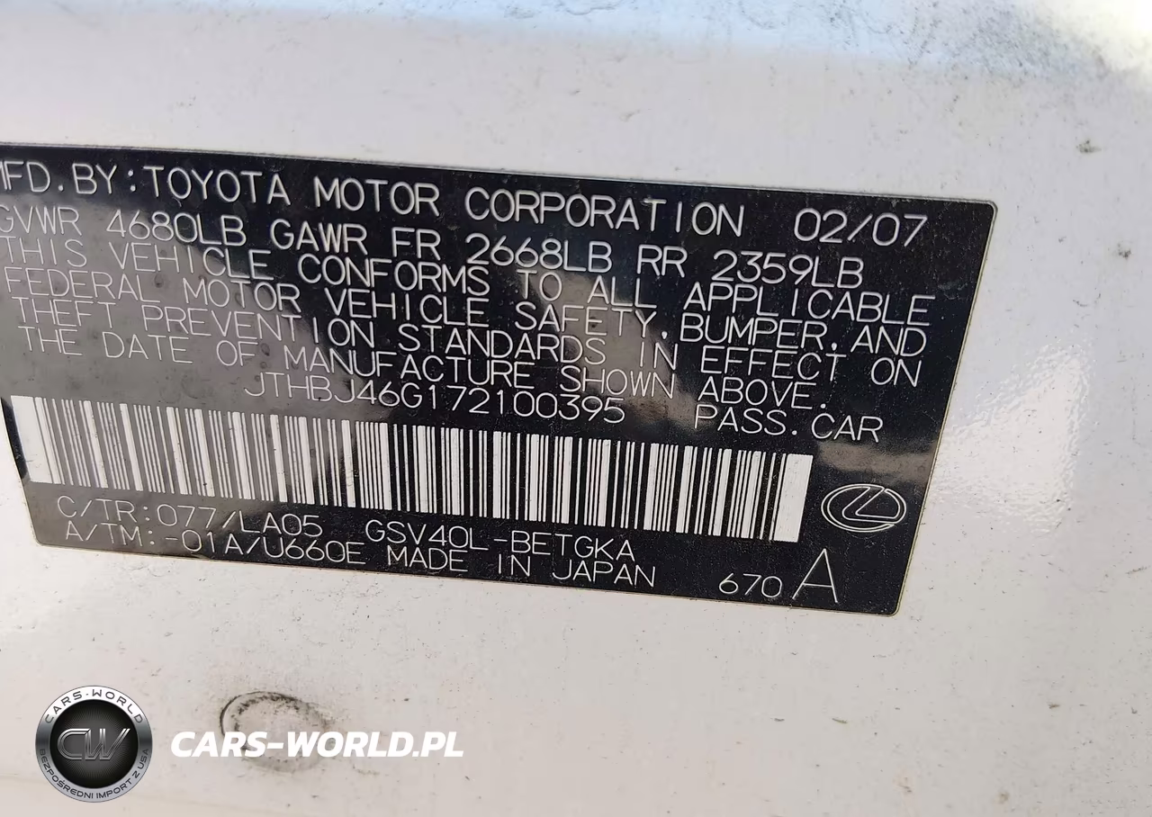 2007 Lexus Es 350 VIN:JTHBJ46G172100395 - 9