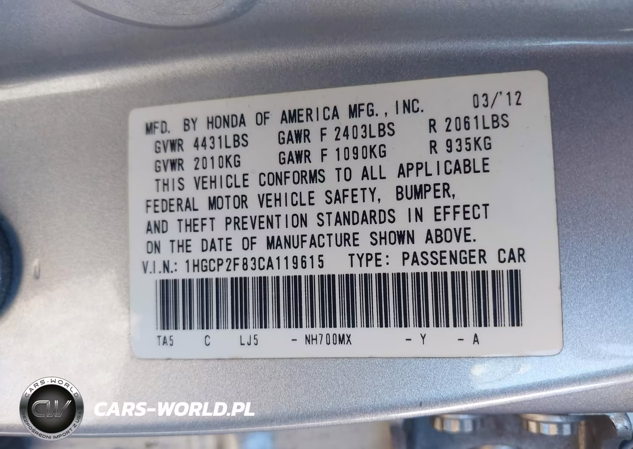 2012 Honda Accord 2.4 Ex-L VIN:1HGCP2F83CA119615 - 9