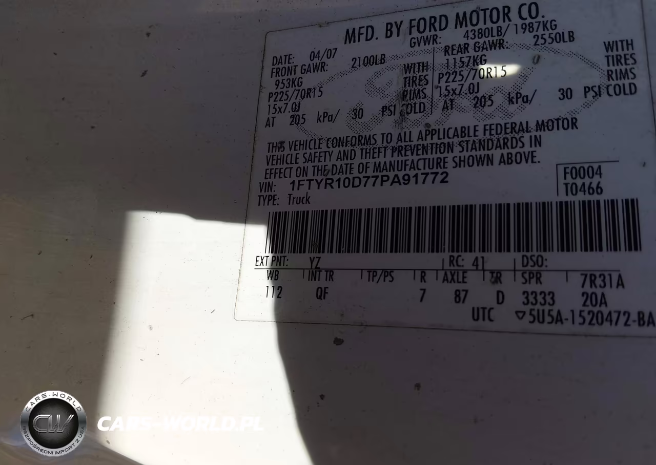 2007 Ford Ranger Stx-Xl-Xlt VIN:1FTYR10D77PA91772 - 9