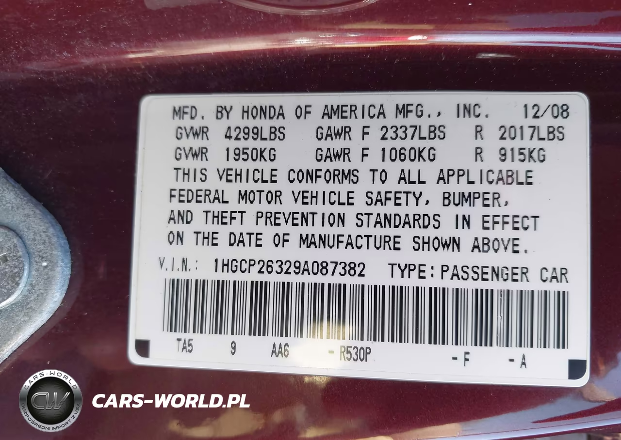 2009 Honda Accord 2.4 Lx VIN:1HGCP26329A087382 - 9